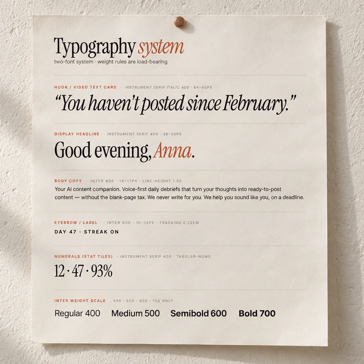 Ein DailyMuse-Typografieposter: Überschriften in Instrument Serif mit kursiven Akzenten und Text in Inter