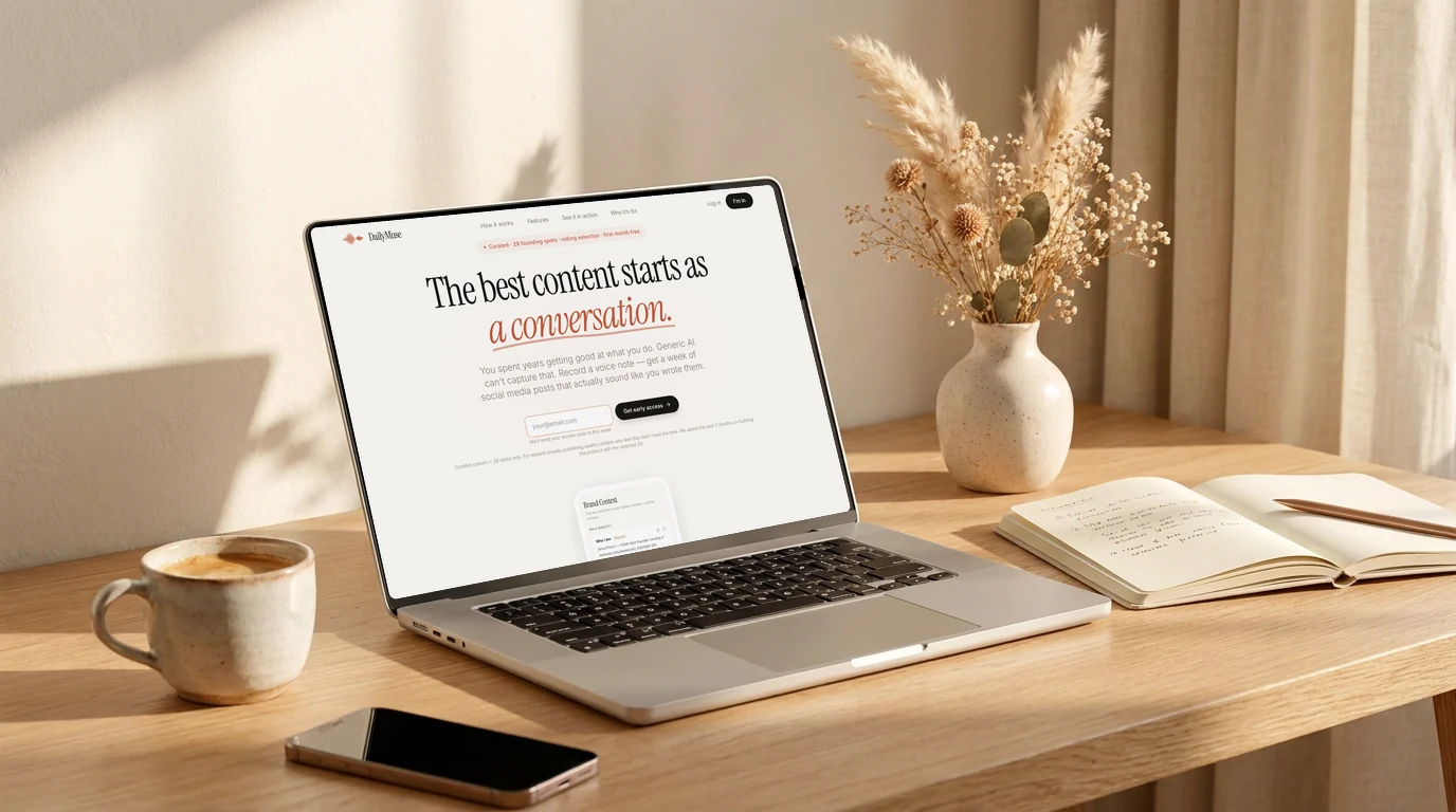 Die DailyMuse-Landingpage auf einem Laptop auf einem sonnigen Eichenschreibtisch: The best content starts as a conversation