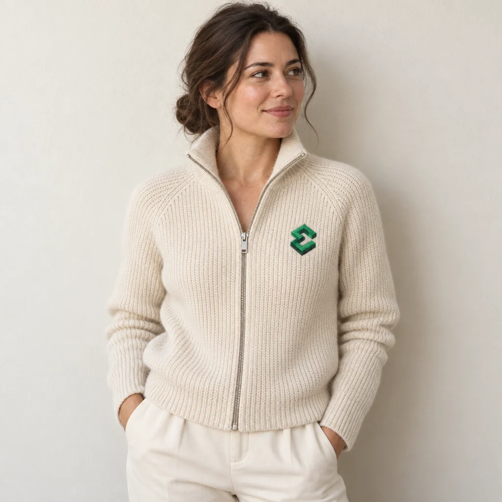 Eine lächelnde Frau in einer cremefarbenen Strickjacke mit Reißverschluss und kleinem EduTailor-Zeichen auf der Brust