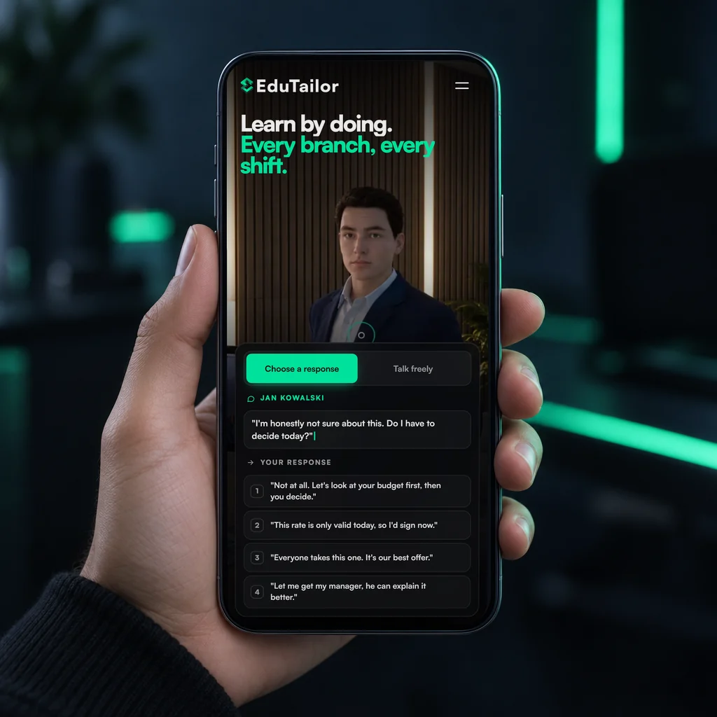 Eine Hand hält ein Smartphone mit der EduTailor-Website und einer Live-Trainingsszene
