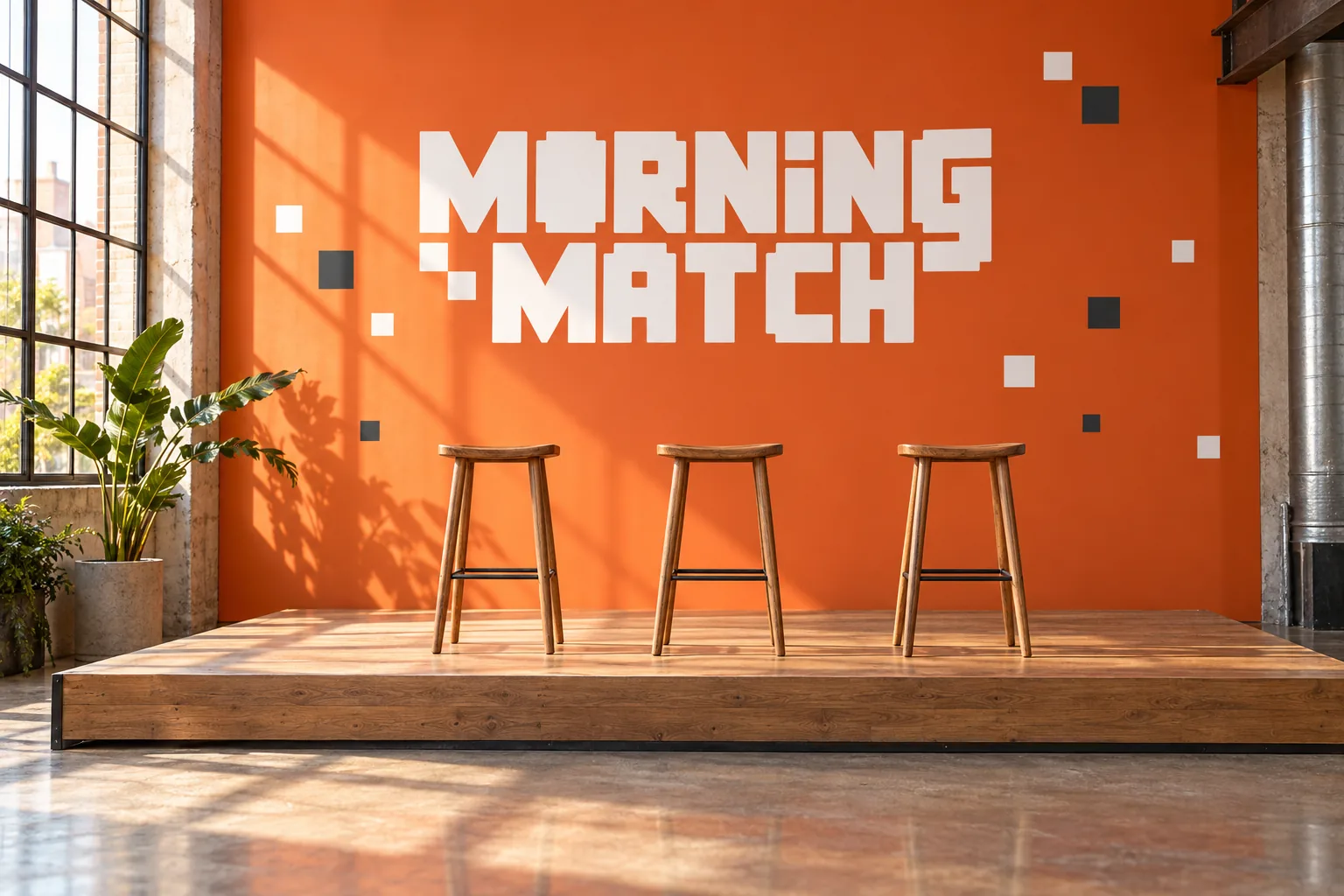 Morning Match banner on a coral wall above three wooden stools