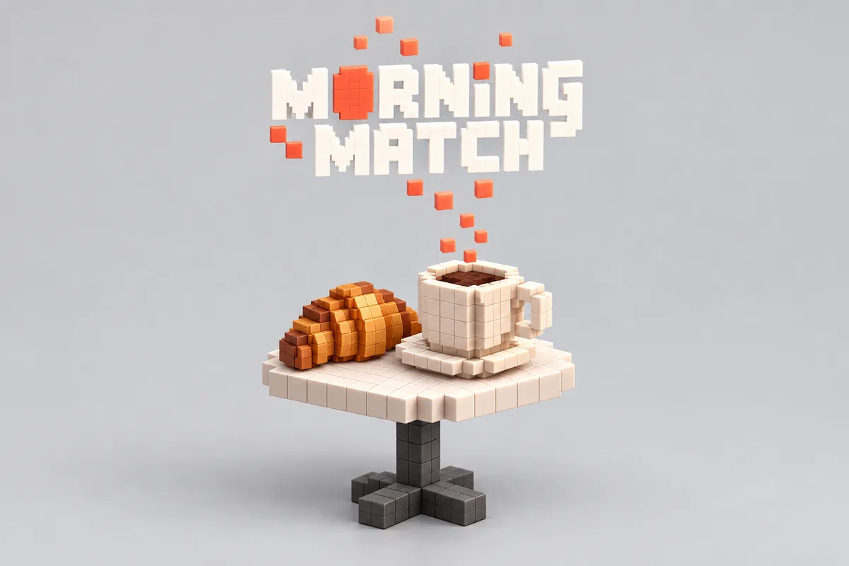Voxel coffee cup and croissant under a voxel Morning Match logo
