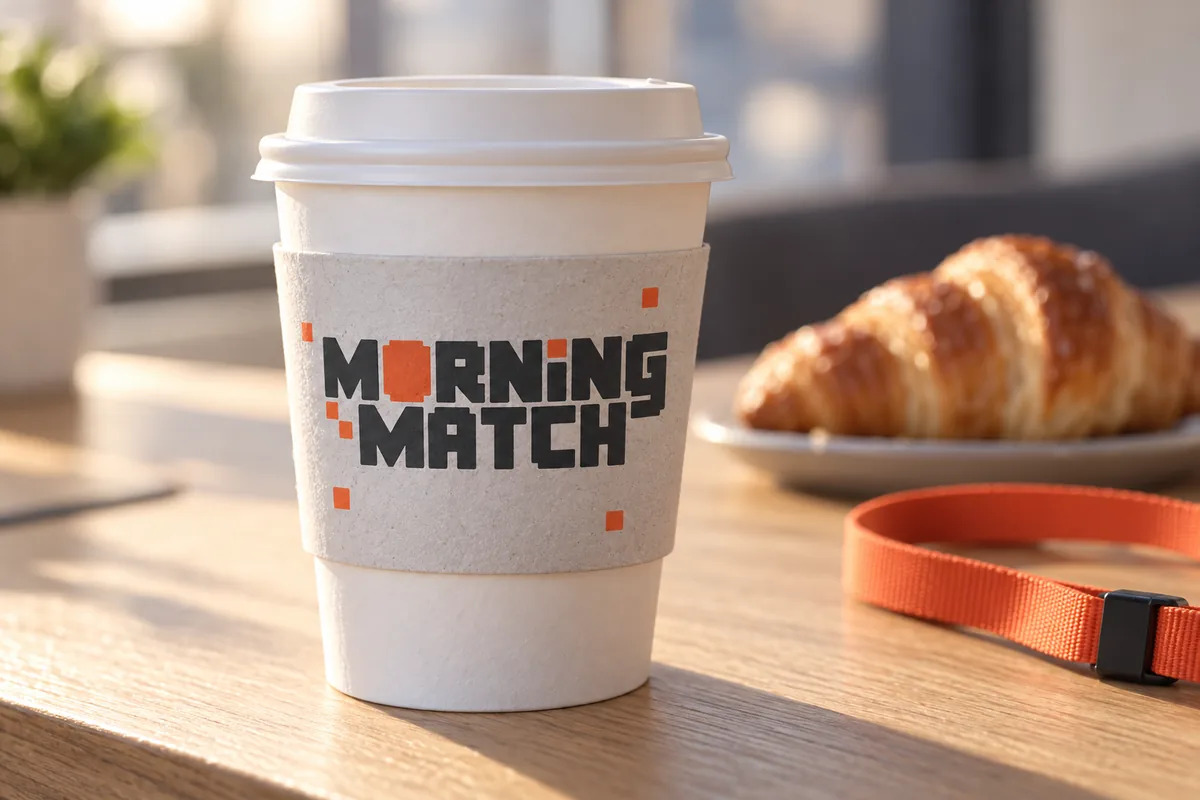 Takeaway coffee cup with the Morning Match logo