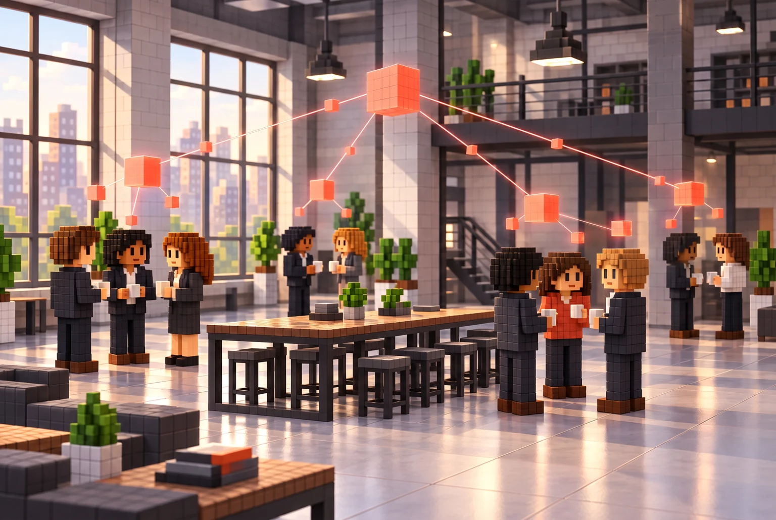 Voxel loft with people meeting over coffee