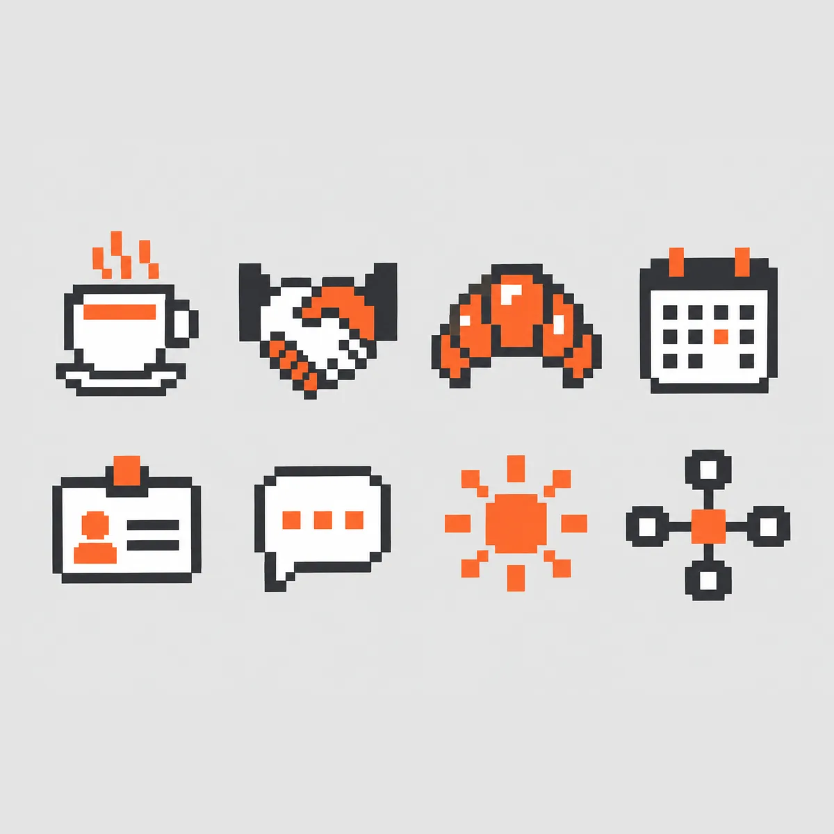 Pixel icon set: coffee, handshake, croissant, calendar, badge, chat, sun, network