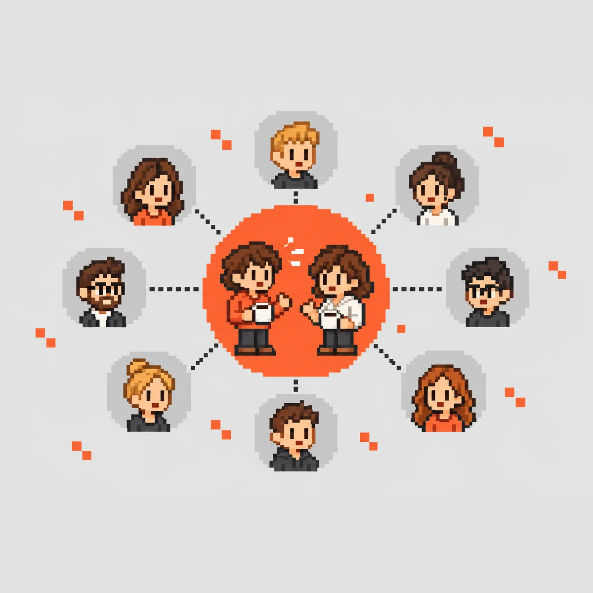 Two people in a coral circle surrounded by their network