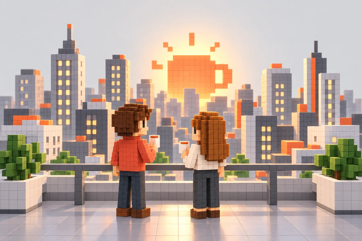 Two voxel people with coffee on a terrace above the Poznań skyline