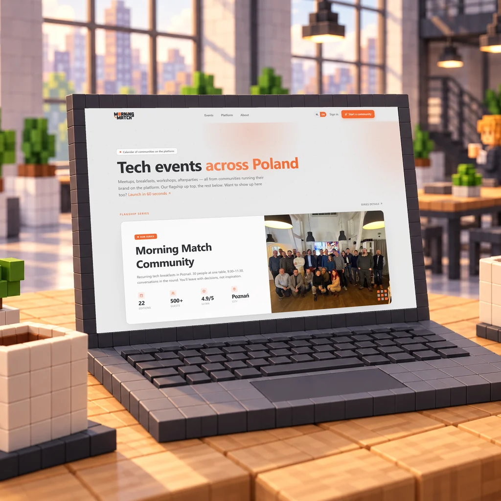 Voxel laptop in a loft showing Morning Match tech events across Poland