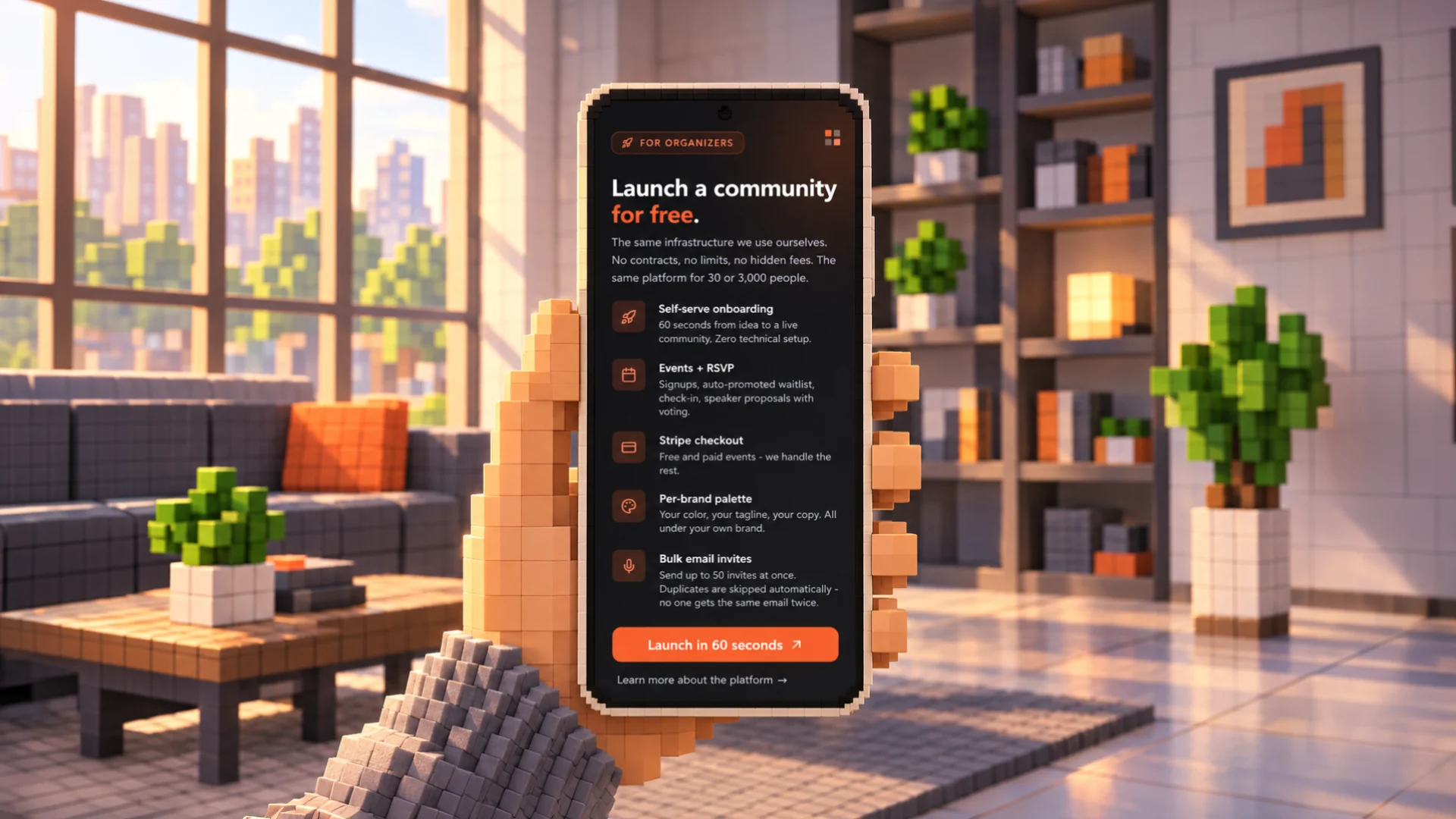 A voxel hand holding a phone with the Morning Match platform page for organisers