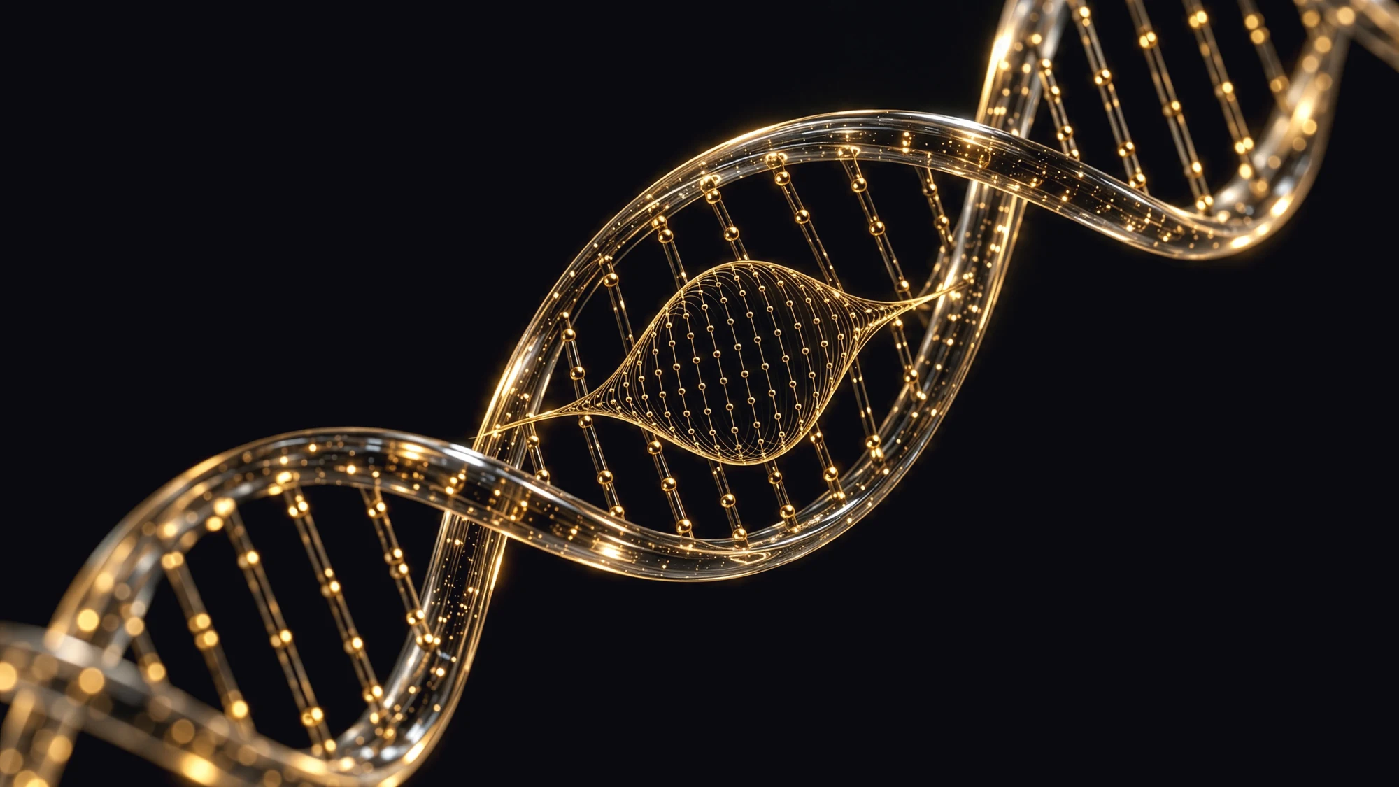 Eine gläserne DNA-Helix mit Fäden aus goldenem Licht auf Schwarz