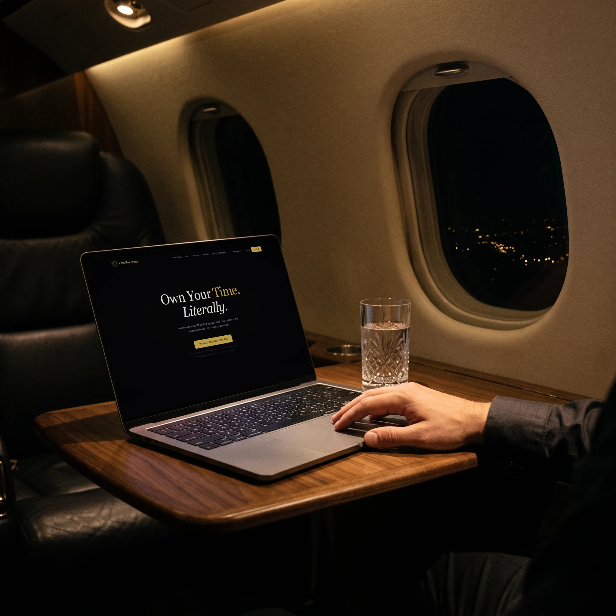 Ein Laptop auf einem Nussbaumtisch in einer dunklen Privatjet-Kabine zeigt die PaceSovereign-Landingpage: Own Your Time. Literally.