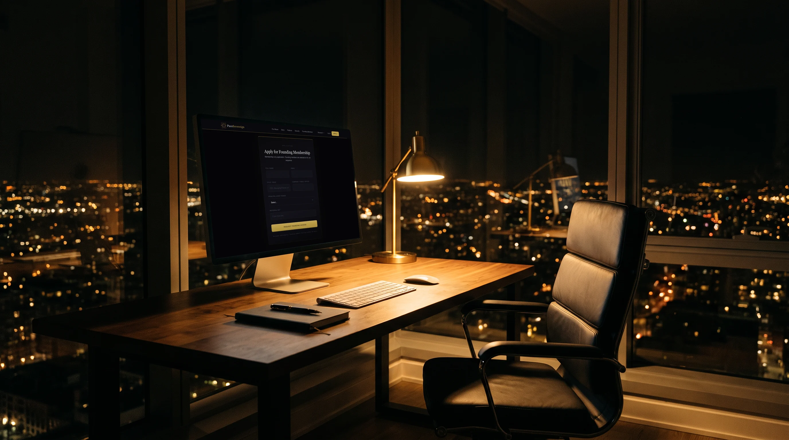 Ein Monitor auf einem Nussbaumschreibtisch in einem dunklen Arbeitszimmer hoch über der Stadt zeigt die Bewerbung für die PaceSovereign-Gründungsmitgliedschaft