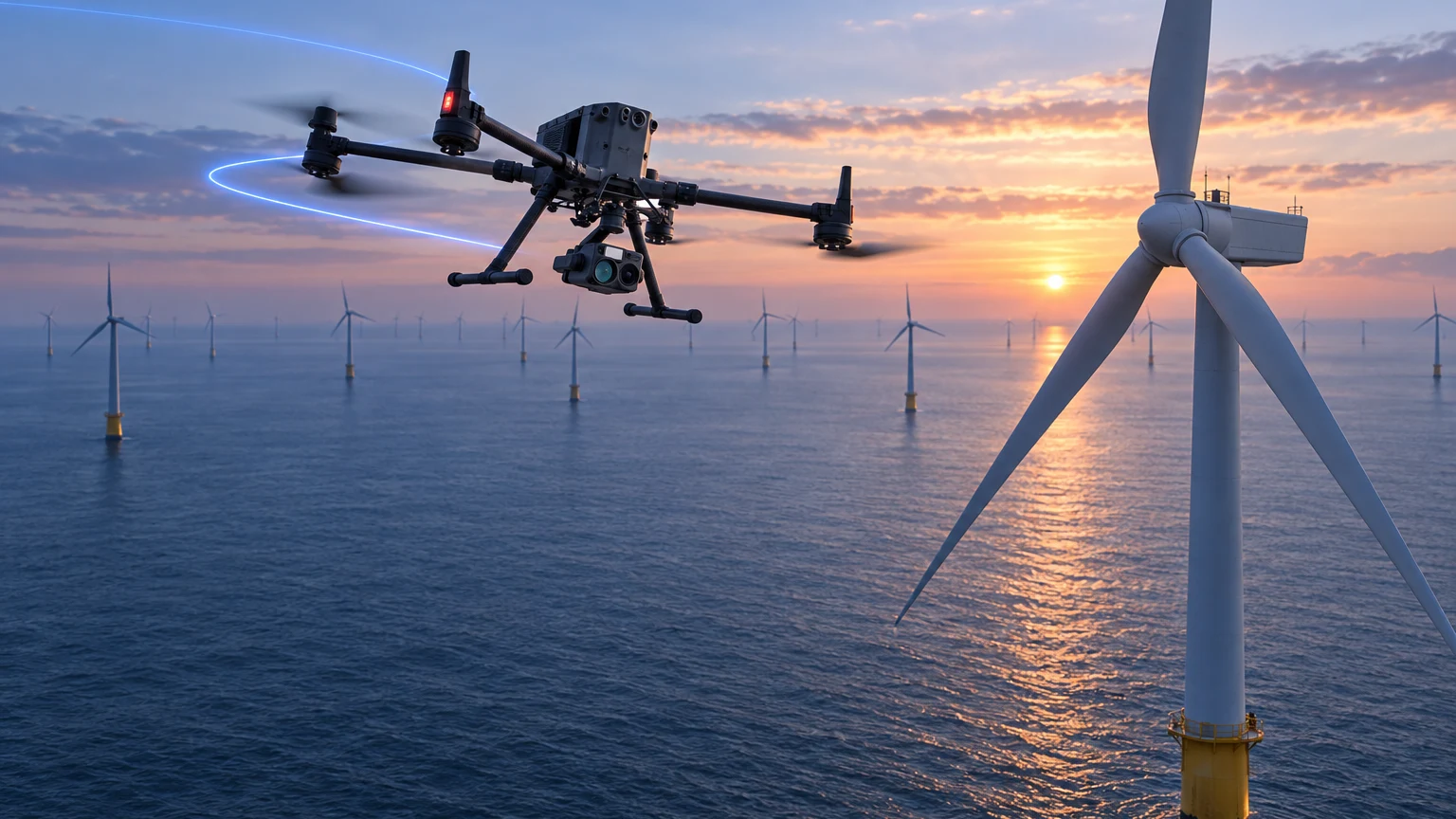 Eine Inspektionsdrohne fliegt im Morgengrauen an einem Offshore-Windpark vorbei