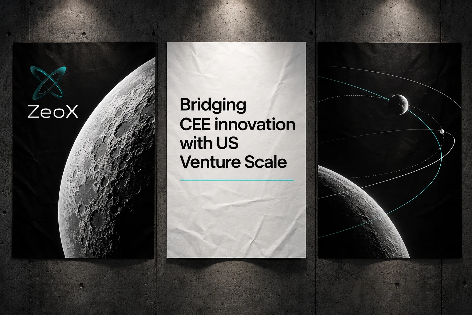 Drei Zeox-Plakate mit dem Claim „Bridging CEE innovation with US venture scale“