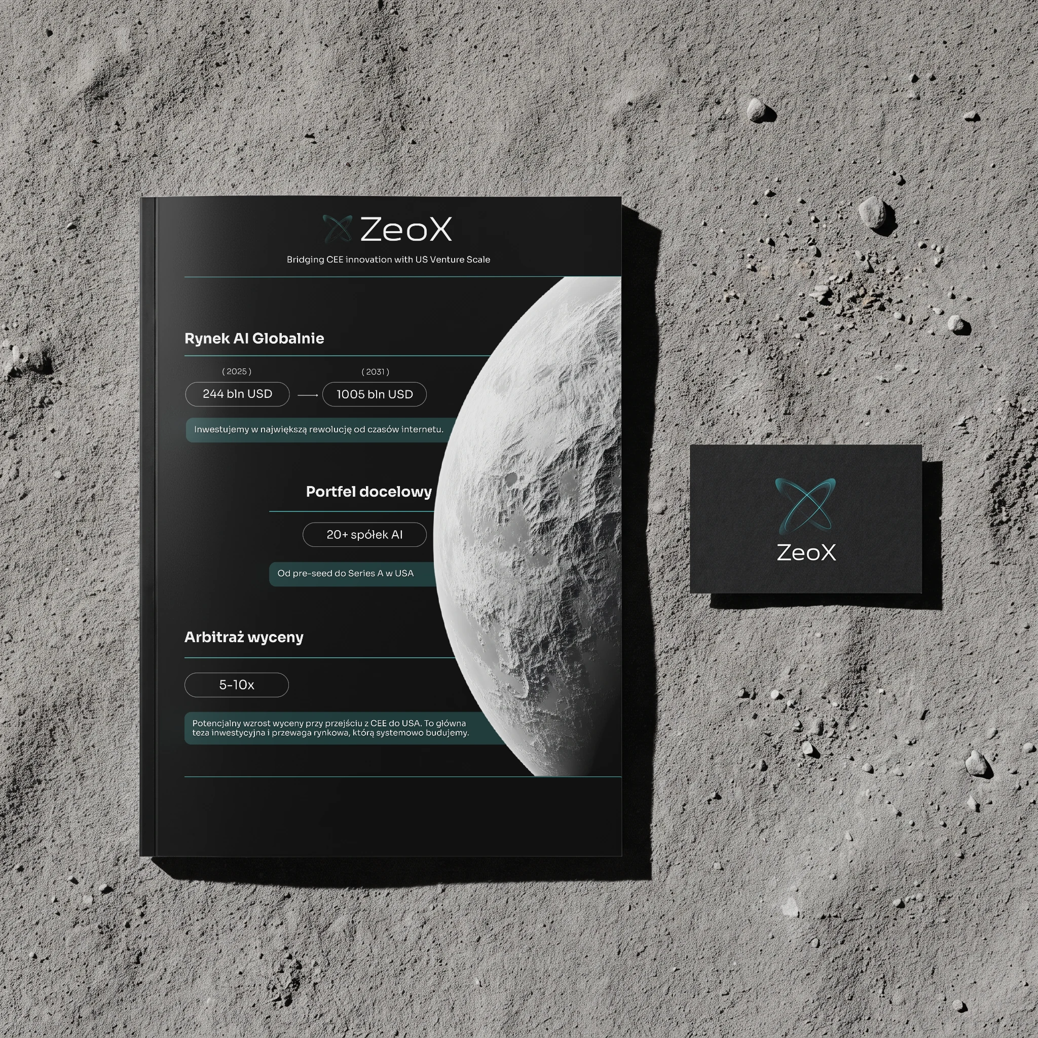 Investoren-Teaser und Visitenkarte von Zeox im grauen Mondstaub
