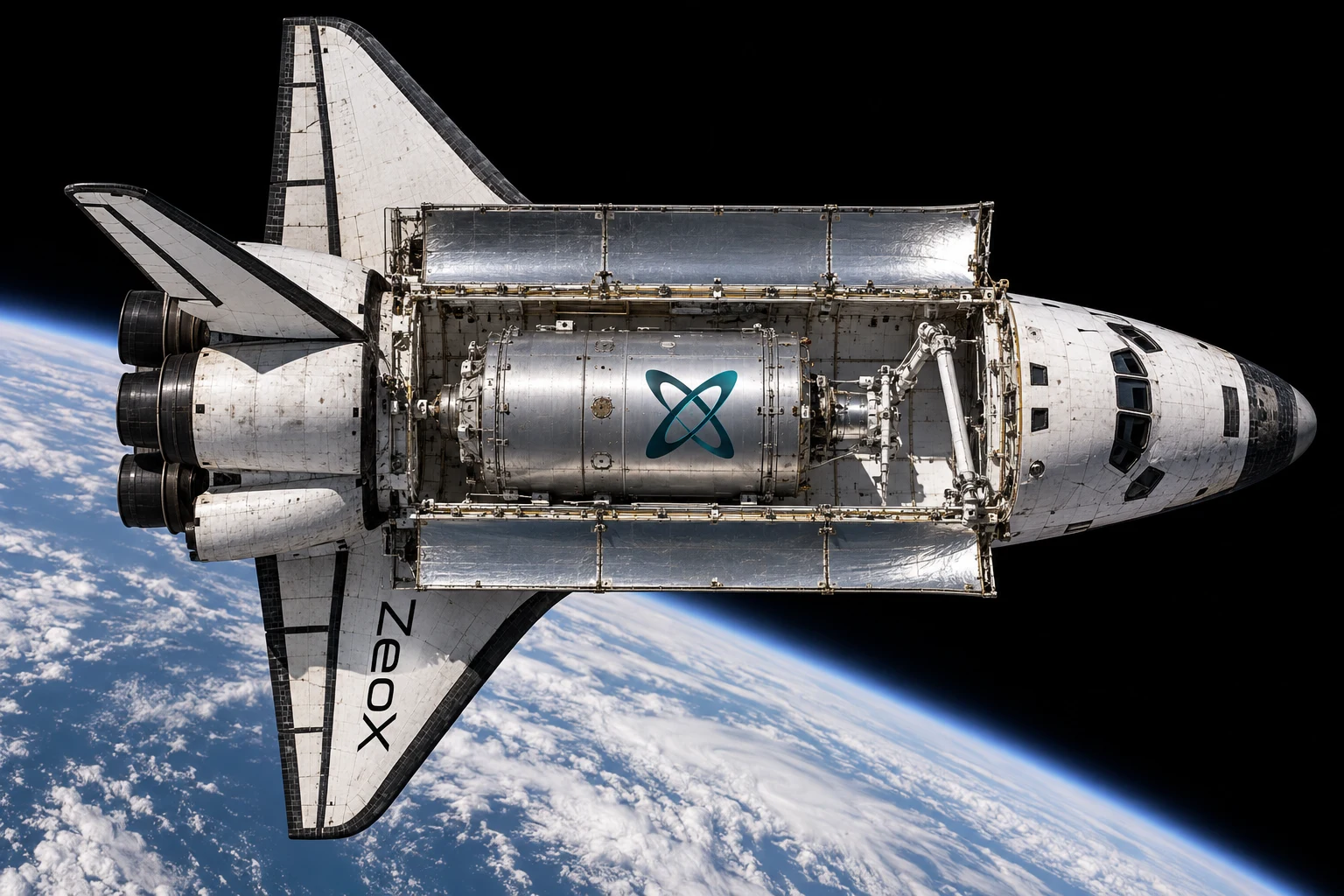 Raumfähre mit dem Zeox-Zeichen im Orbit