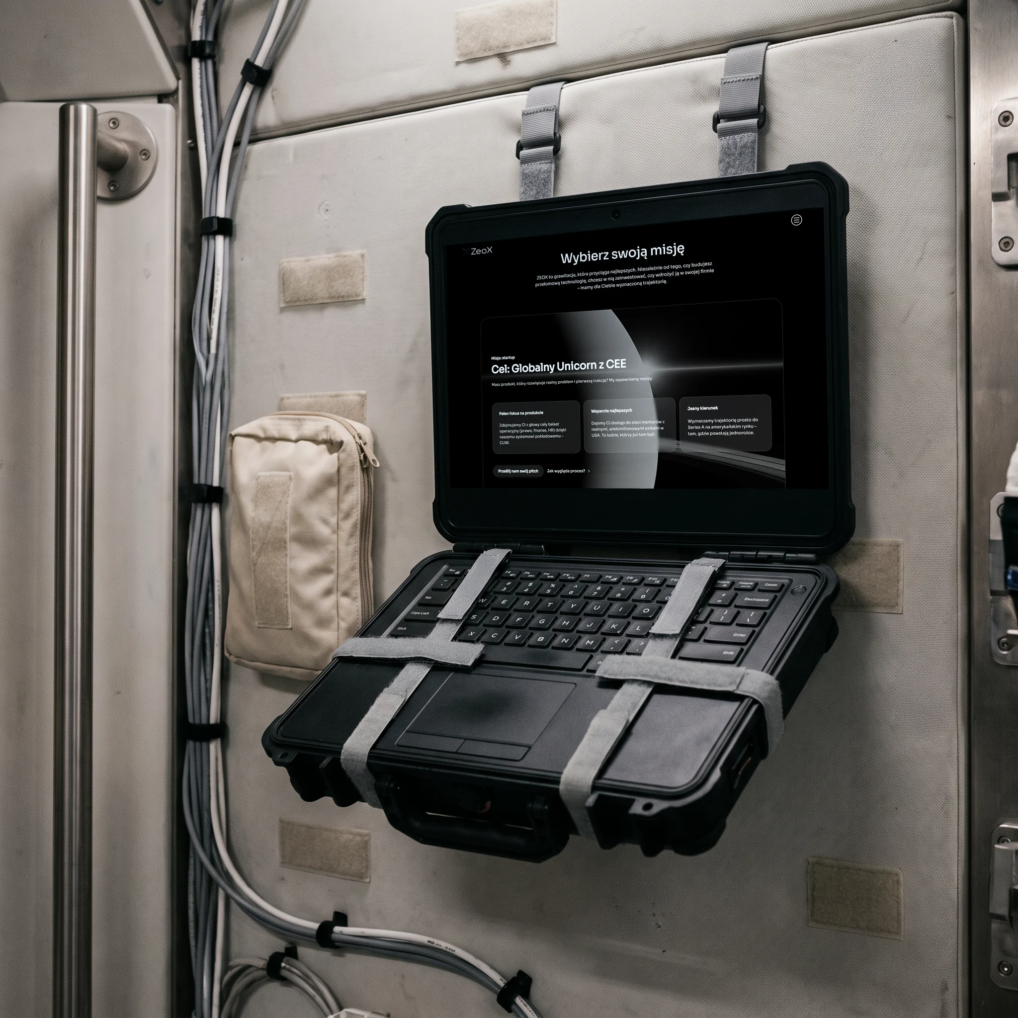 Robuster Laptop an einer Raumschiffwand mit den Missionspfaden der Zeox-Website