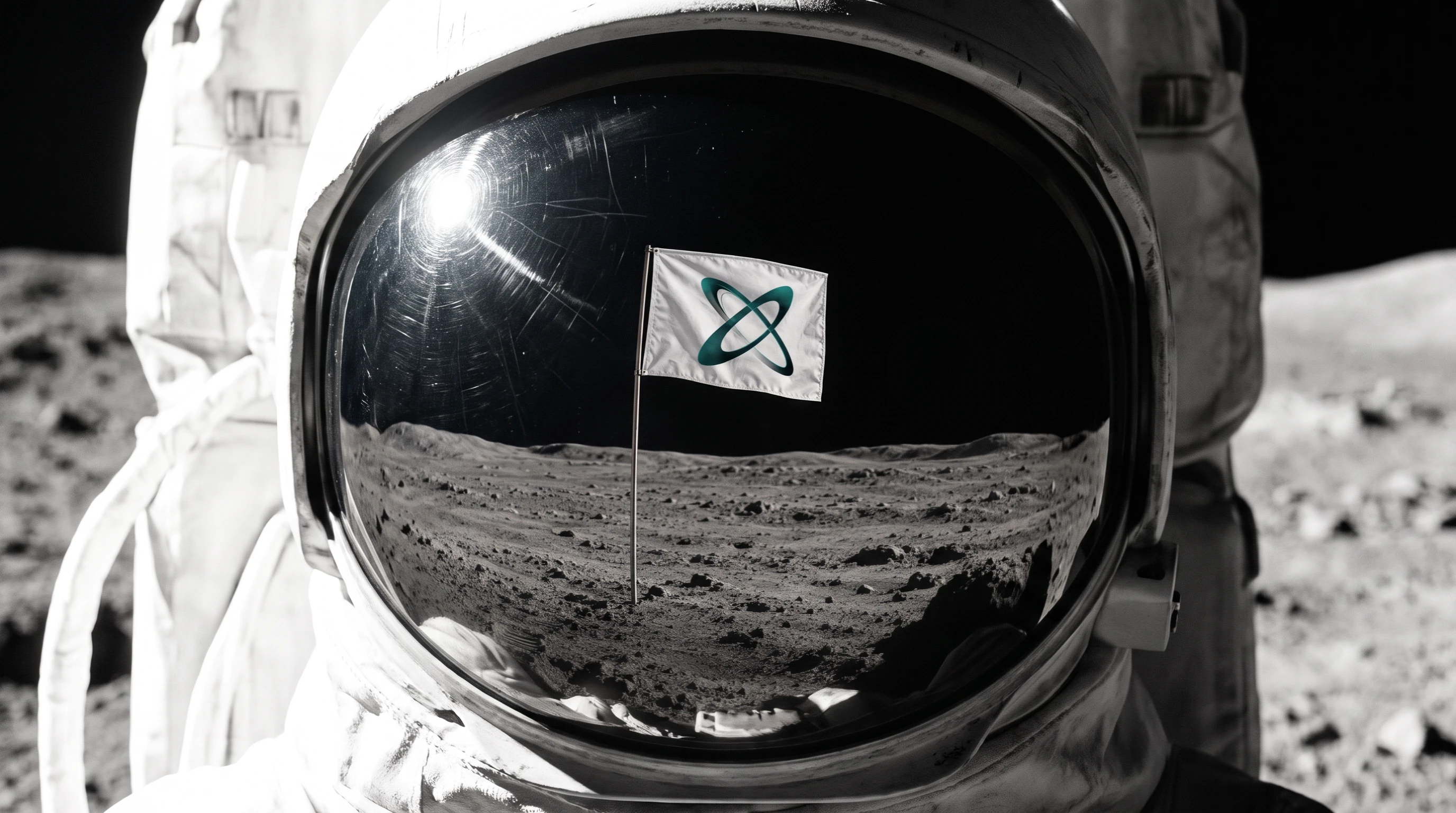 Die Zeox-Flagge auf dem Mond, gespiegelt im Visier eines Astronauten