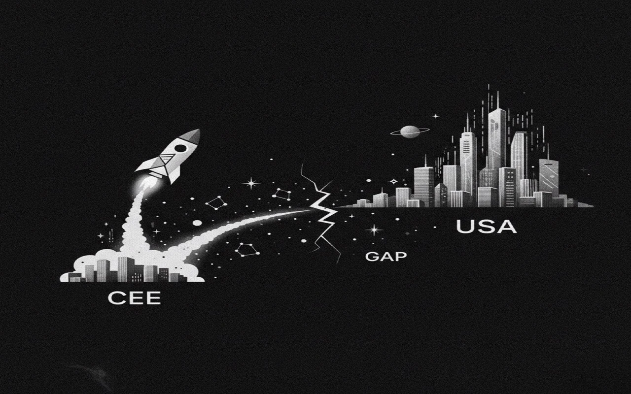 Monochrome Zeox illustration showing a rocket travelling from CEE across a gap toward USA.